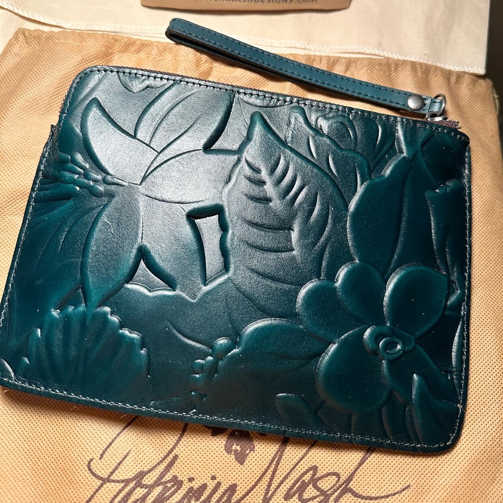 Patricia Nash -  Cassini style deep forest green leather wristlet embossed NWOT
